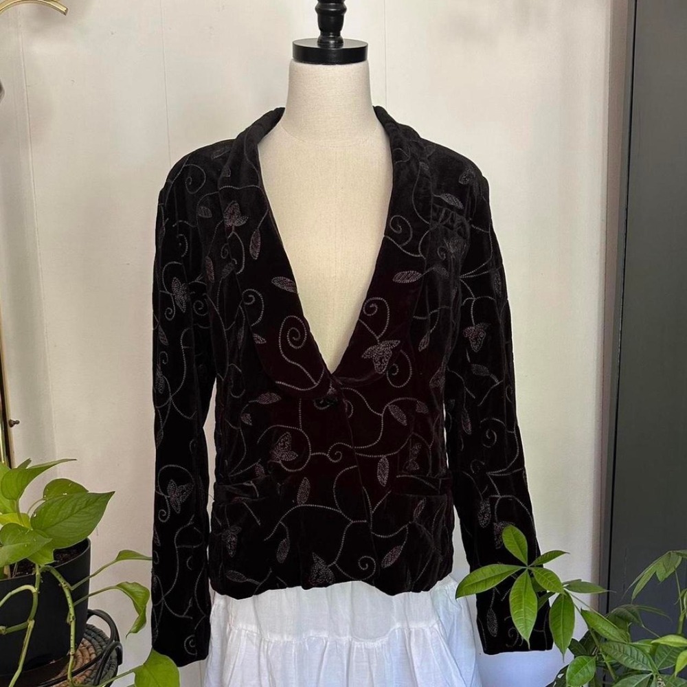 Covington Women Black Velvet Embroidered Vine Leaf Jacket Blazer Size 14 Large